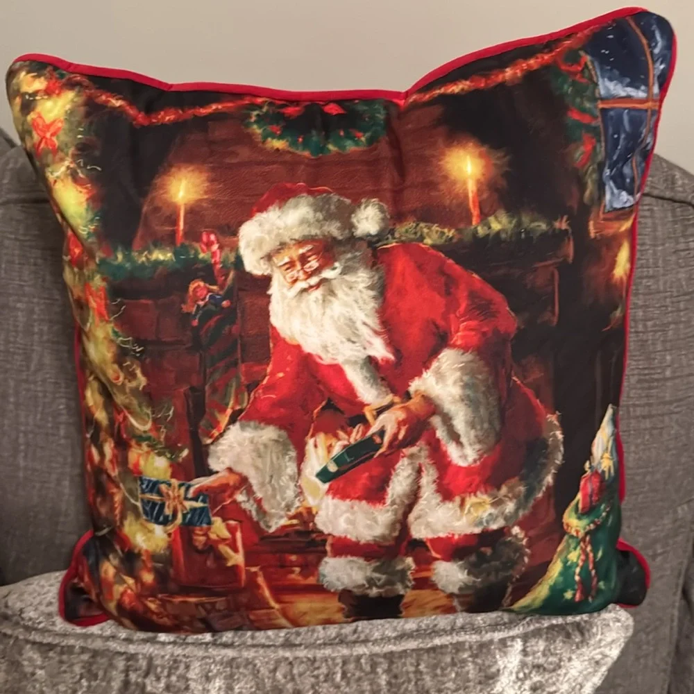 Santa Claus Gifts Under Tree Christmas Holiday Throw 16x16” Pillow Home Decor